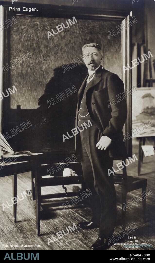 Prince Eugen of Sweden, in front of his easel in his home, Waldemarsudde, Stockholm, 1911. Prince Eugen, Duke of Närke (1865-1947), was the youngest son of King Oscar II of Sweden and Norway. A painter, art collector and patron of artists, he was known as the 'Painting Prince' ('Målarprinsen').