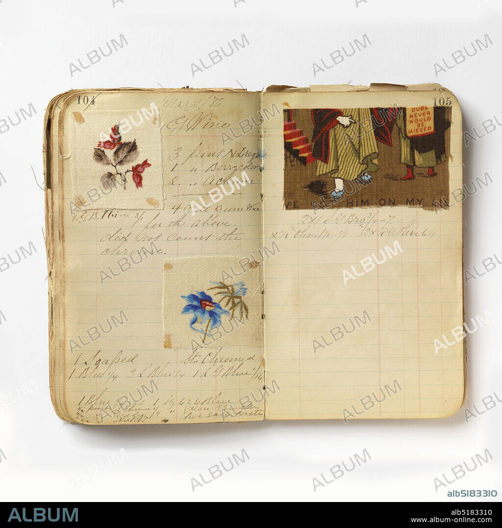 Dyer's record book, Cocheco Print Works, (Dover, NH, USA), Label: leather binding, pen and ink on paper pages, cotton samples, Small notebook with handwritten formulas for dyestuffs to be used for printing textiles. 210 samples in various designs including printed patchwork., Lawrence, Massachusetts, USA, 1885, sample books, Dyer's record book.