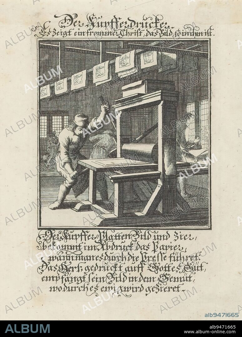 Plate printer, Der Kupfferdrucker (title on object), print maker: Christoph Weigel, after print by: Jan Luyken, Regensburg, 1698, paper, etching, height 131 mm × width 88 mm.