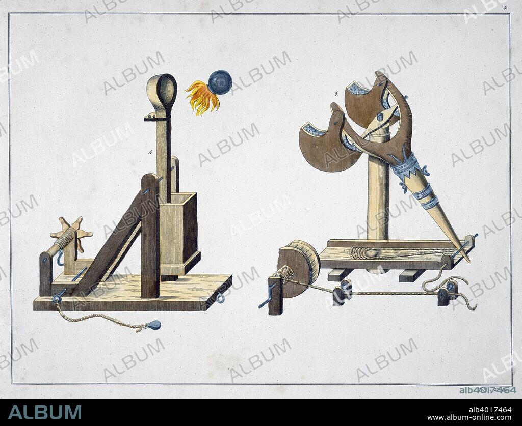 Siege catapults, 1842. A mangonel throwing a projectile of 'Greek fire' (left) and a trebuchet (right). Plate from A History of the Development and Customs of Chivalry, by Dr Franz Kottenkamp.