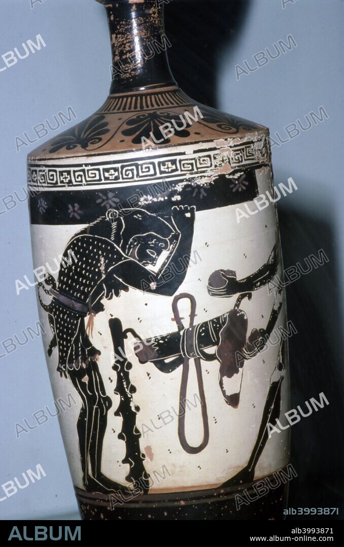 Atlas, Heracles and the golden apples, Athenian black-figure lekythos, c6th century BC. Herakles (Hercules) holding up the heavens for Atlas (on the right) who brings him the Golden Apples Detail of Greek Vase. National Museum, Athens.