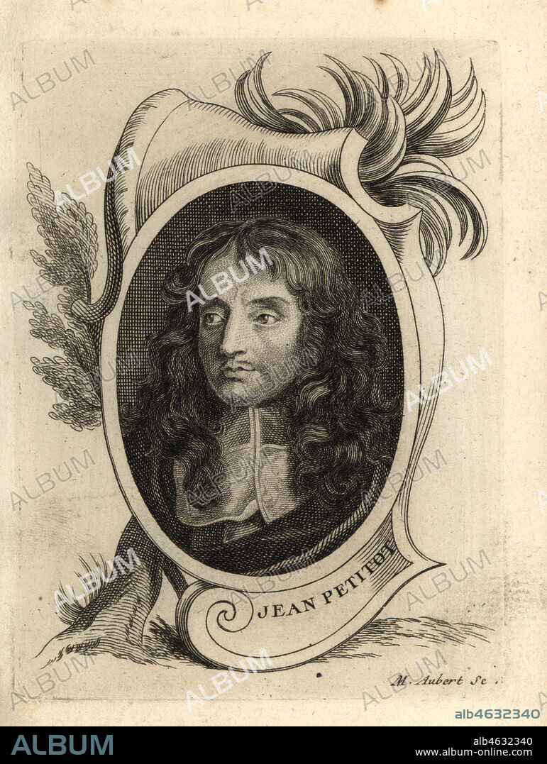 Portrait of Jean Petitot, Swiss enamel painter 1607-1691. Copperplate engraving after a miniature self portrait by Petitot from Antoine-Joseph Dezallier dArgenvilles Abrege de la vie des plus fameux peintres, Lives of the most Famous Artists, de Bure lAine, Paris, 1762.
