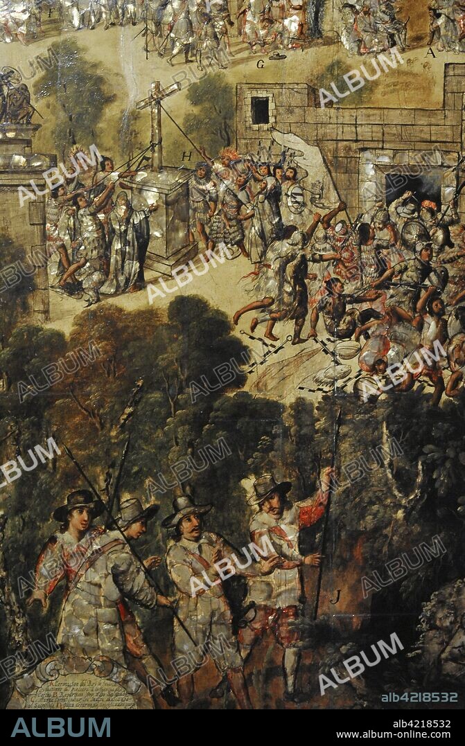 Título: Conquista de México. Autor: Anónimo. Tabla. Pintura al óleo, nácar. Enconchado. Forma parte de un conjunto de 6 tablas. Escenas de enfrentamientos entre conquistadores españoles y nativos, y escena del hallazgo del tesoro por parte de"cuatro españoles". 1676-1700. Detalle. Escuela Mexicana. Virreinato de Nueva España. México. América del Norte. Museo de América. Madrid. España.