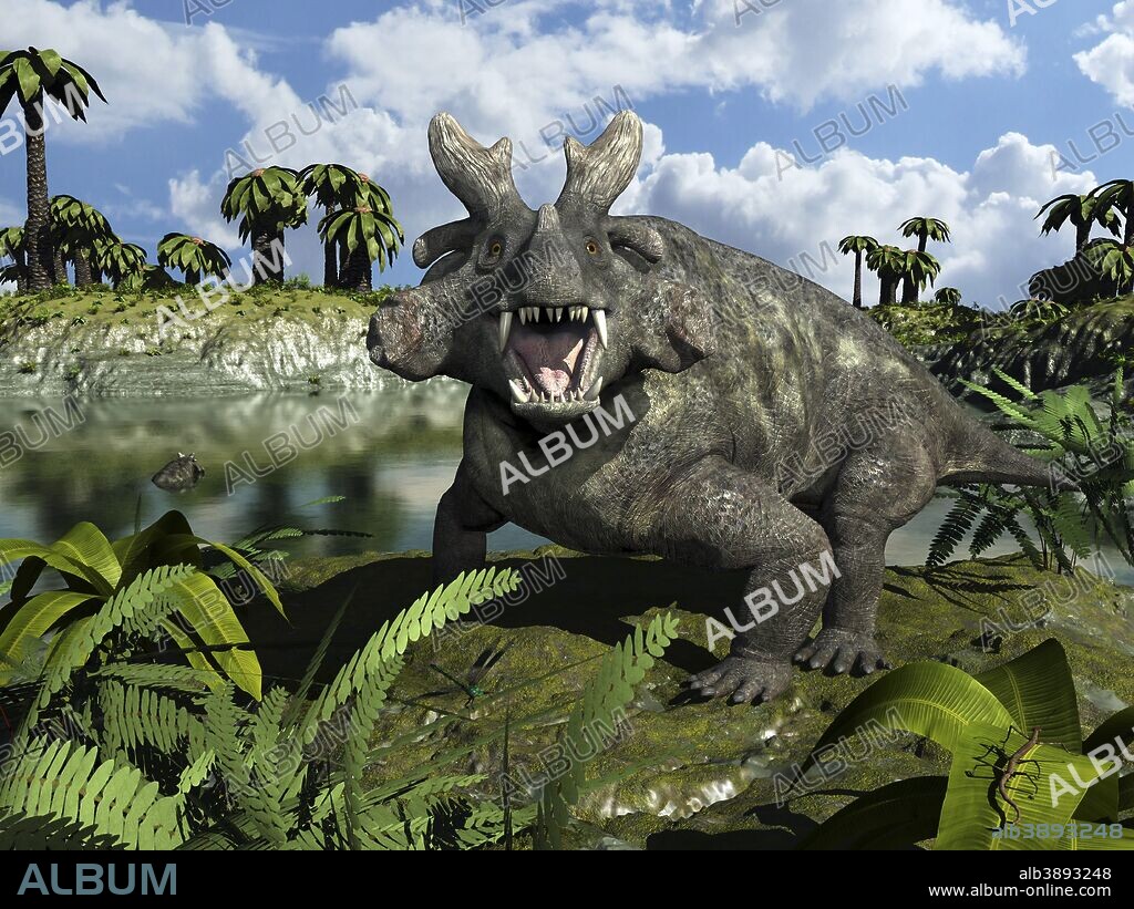An Estemmenosuchus mirabilis stands before a lake 255 million years ago in what is today the Perm region of Russia near the Ural Mountains. An ungainly plant-eater, it was the largest animal of its day and is known for its distinctive horns. Maybe not the most handsome of beasts, Estemmenosuchus mirabilis was an early ancestor of today's mammals. In this image it stands among several varieties of fern while cycads known as Bjuvia simplex populate the far side of the lake.