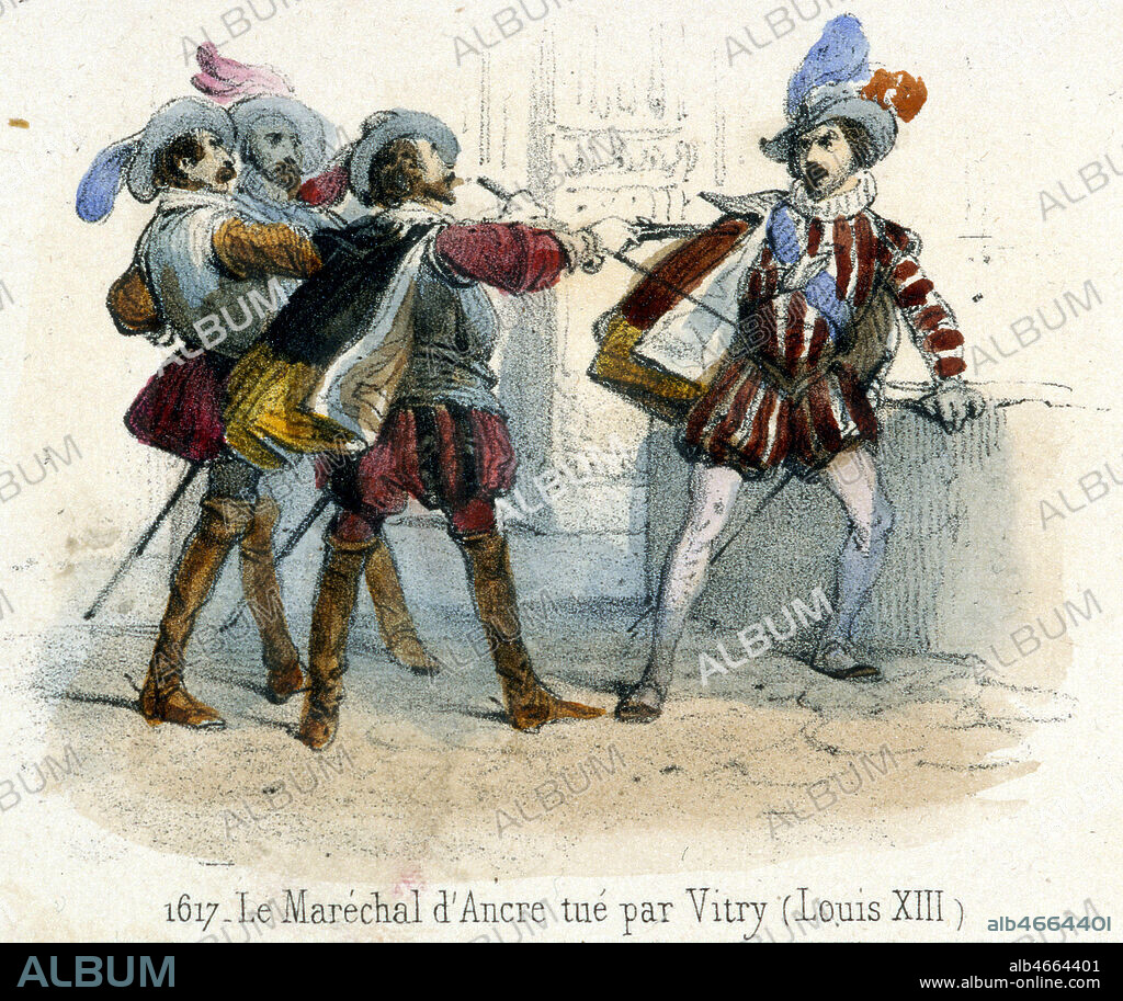 'Le Marechal d'Ancre tue par Vitry (Louis XIII)', CONCINI (1569-1617) est assassine sur ordre du roi Louis XIII le 26 avril 1617, lithographie par Victor ADAM (1801-1867) in Histoire de France en tableaux, vers 1844. Credit : Collection Grob/KHARBINE-TAPABOR.
