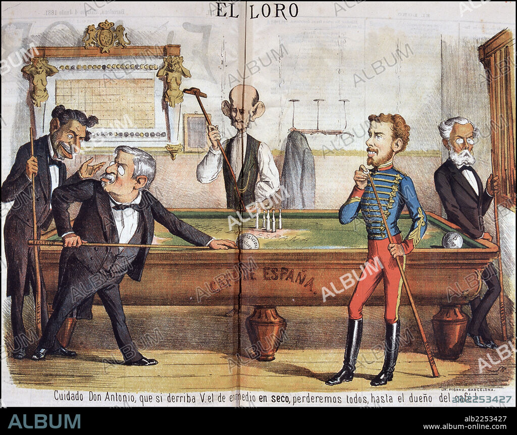 CANOVAS DEL CASTILLO, ANTONIO. PLITICO ESPAÑOL. MALAGA 1828-1897. CARICATURA DE " EL LORO ", AÑO 1881,CON PREXADES MATEO SAGASTA Y EL REY ALFONSO XII.