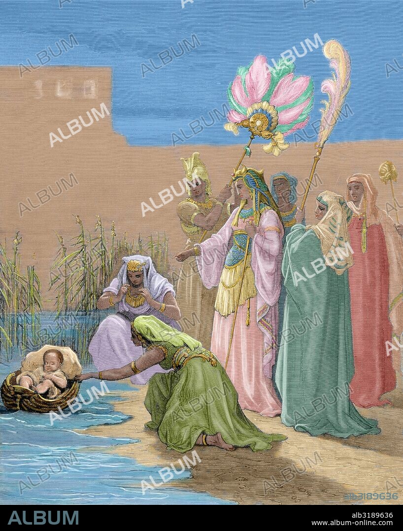 "MOISES SALVADO DE LAS AGUAS DEL RIO NILO POR LA HIJA DEL FARAON". Grabado de Gustave DORE. Coloreado.