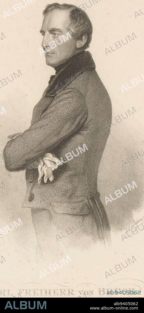 Portrait of Karl Ludwig von Bruck, Johann Nepomuk Passini, after Josef Kriehuber, 1849 - 1874, print maker: Johann Nepomuk Passini, (mentioned on object), Josef Kriehuber, (mentioned on object), printer: Verlag der Kunst-Anstalt des Oestr. Lloyd, (mentioned on object), 1849 - 1874, paper, engraving, h 307 mm - w 227 mm.