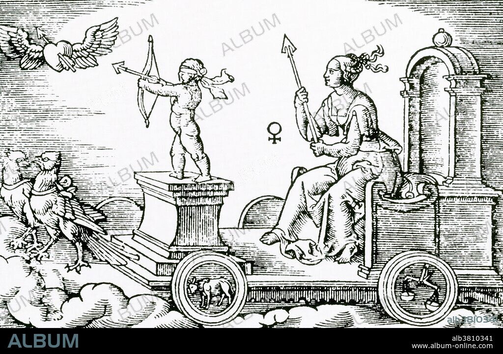 Venus, Roman goddess of love, beauty and fertility driven in her chariot by her blindfold son, Cupid. Her chariot wheels show Taurus and Libra as her 'houses'. The symbol in the center is Venus's symbol, and also represents the female sex. Venus is the Roman goddess of love, beauty, desire, sex, fertility, prosperity and victory. In Roman mythology, she was the mother of the Roman people through her son, Aeneas, who survived the fall of Troy and fled to Italy. Venus was central to many religious festivals, and was revered in Roman religion under numerous cult titles. The Romans adapted the myths and iconography of her Greek counterpart Aphrodite for Roman art and Latin literature. In the later classical tradition of the West, Venus becomes one of the most widely referenced deities of Greco-Roman mythology as the embodiment of love and sexuality. In myth, Venus-Aphrodite was born of sea-foam.