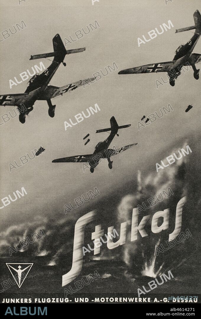 Stukas (Junkers JU 87). Publicidad de la marca Junkers Flugzeug, empresa aeronáutica alemana fundada en 1895 por Hugo Junkers (1859-1935). Página interior de la revista "Signal", ejemplar número 4 (febrero de 1941) de la versión española (SP 4). Esta revista se publicó entre abril de 1940 y abril de 1945, siendo el principal órgano de propaganda del ejército alemán durante la Segunda Guerra Mundial. A partir del número 8 de 1941 se publicó una versión íntegra en español, identificada con el código SP.