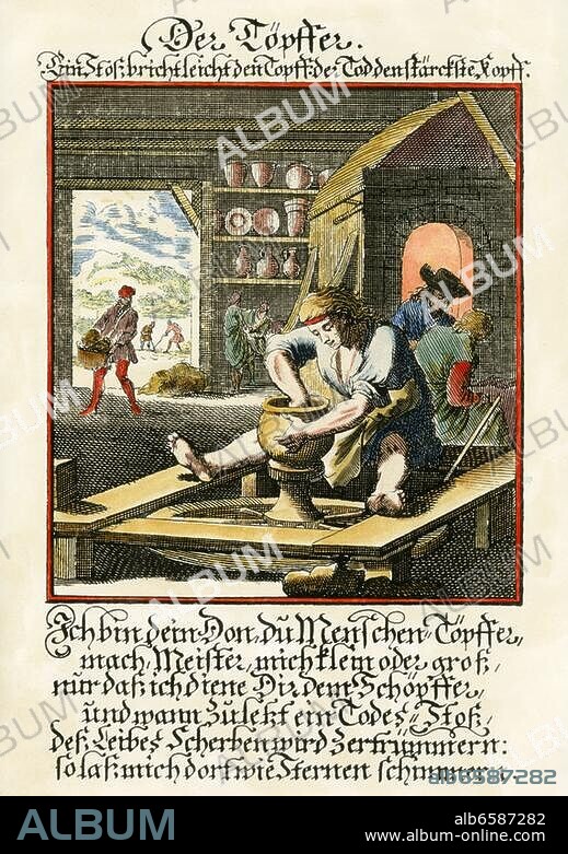 Handwerk und Gewerbe: Töpfer.-"Der Töpfer".-Kupferstich von Christoph Weigel (1654-1725). Aus: Abbildung und Beschreibung der gemeinnützlichen Hauptstände, Regensburg 1698. Spätere Kolorierung.