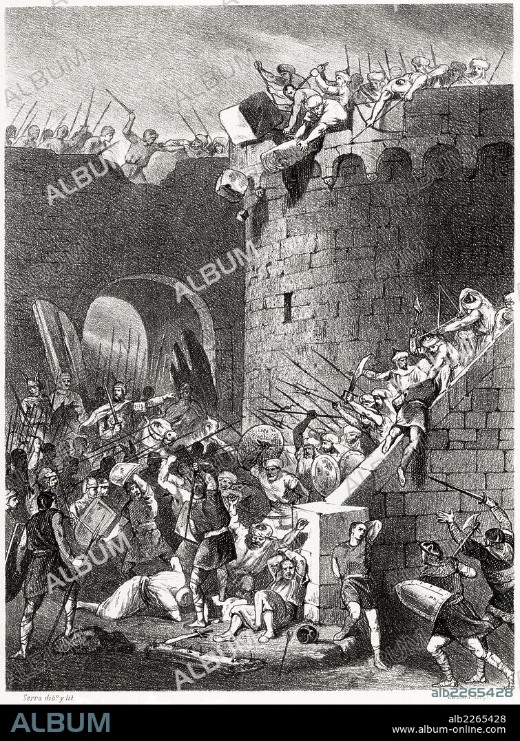 Historia de España. Asalto y conquista de Gerona por Ludovico Pío (778-840), hijo de Carlomagno. Grabado de 1872.