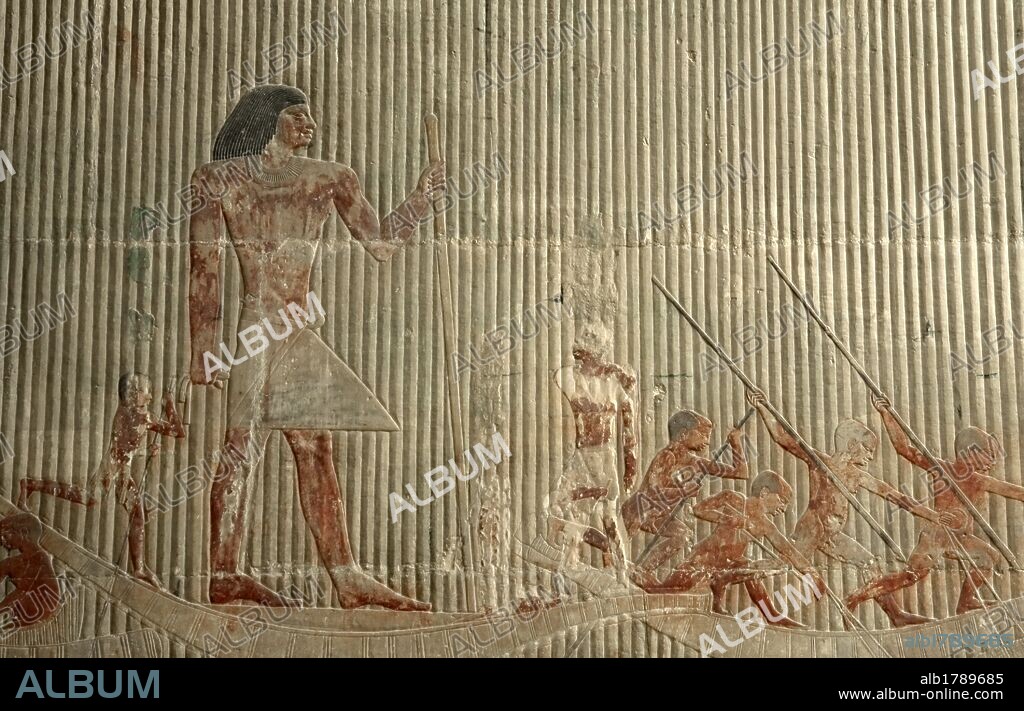 ARTE EGIPCIO. EGIPTO. Relieves policromados del interior de la MASTABA DE TI. Importante personaje de la corte de finales V DINASTIA. IMPERIO ANTIGUO. Escenas caza hipopótamo. Esclavos y difuto en los pantanales, encima de las embarcaciones. NECROPOLIS DE SAKKARA.