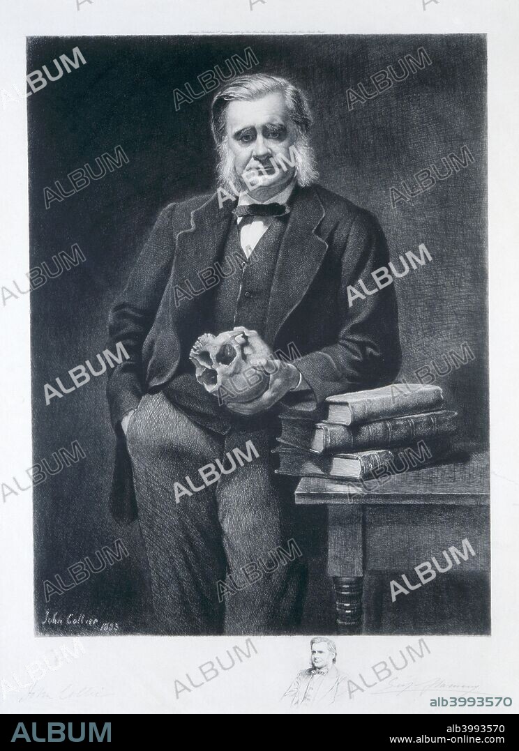 Thomas Henry Huxley, 1893. Leaning on a pile of books and holding a skull. English scientist remembered as 'Darwin's Bulldog'. Huxley was the main supporter of Darwin and did more than anyone else to break down religious and obscurantist opposition to the theory of evolution. He produced over 150 research papers on a wide range of subjects, mainly zoological and palaeontological, but also geological, anthropological and botanical.