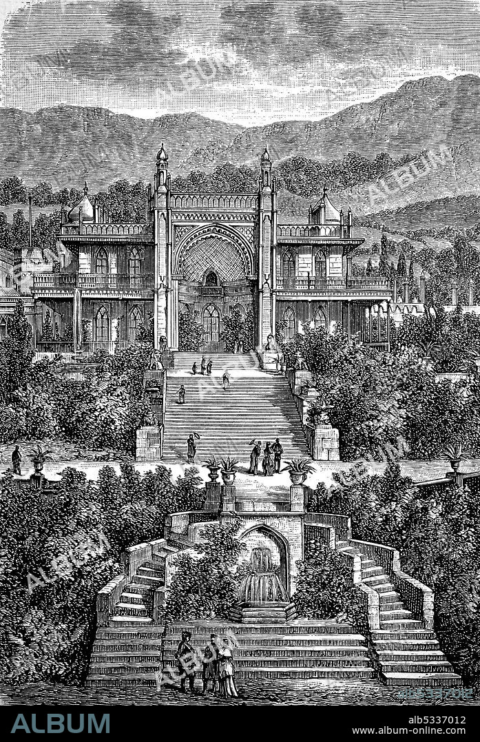 Vorontsov Palace or Alupka Palace is a historical monument located at the foot of the Crimean Mountains near Alupka, Crimea, Russia  /  Woronzow-Palast oder Alupka-Palast ist ein historisches Denkmal am Fuße des Krimgebirges in der Nähe von Alupka, Krim, Russland, Historisch, historical, digital improved reproduction of an original from the 19th century / digitale Reproduktion einer Originalvorlage aus dem 19. Jahrhundert,.