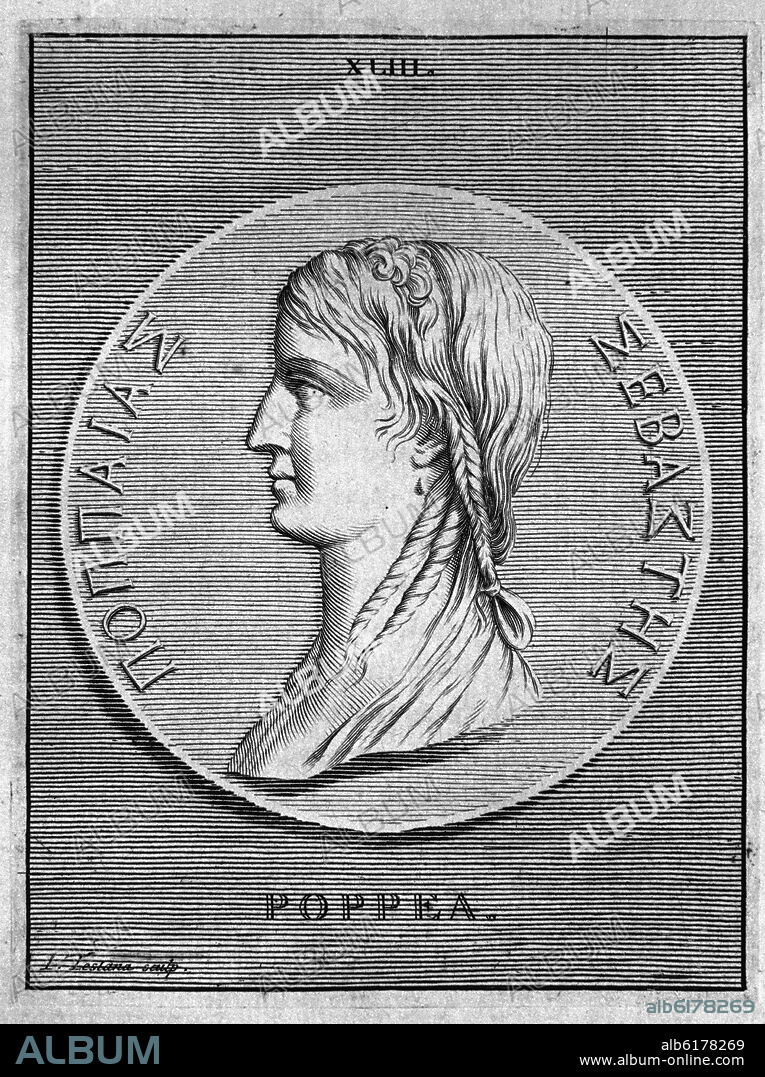 GIUSEPPE MARIA TESTANA (1648-1679). RETRATO DE POPPEA-GRABADO NEOCLASICO SEGUN MONEDA-ALBUM ANTICUARIO-S XVIII.