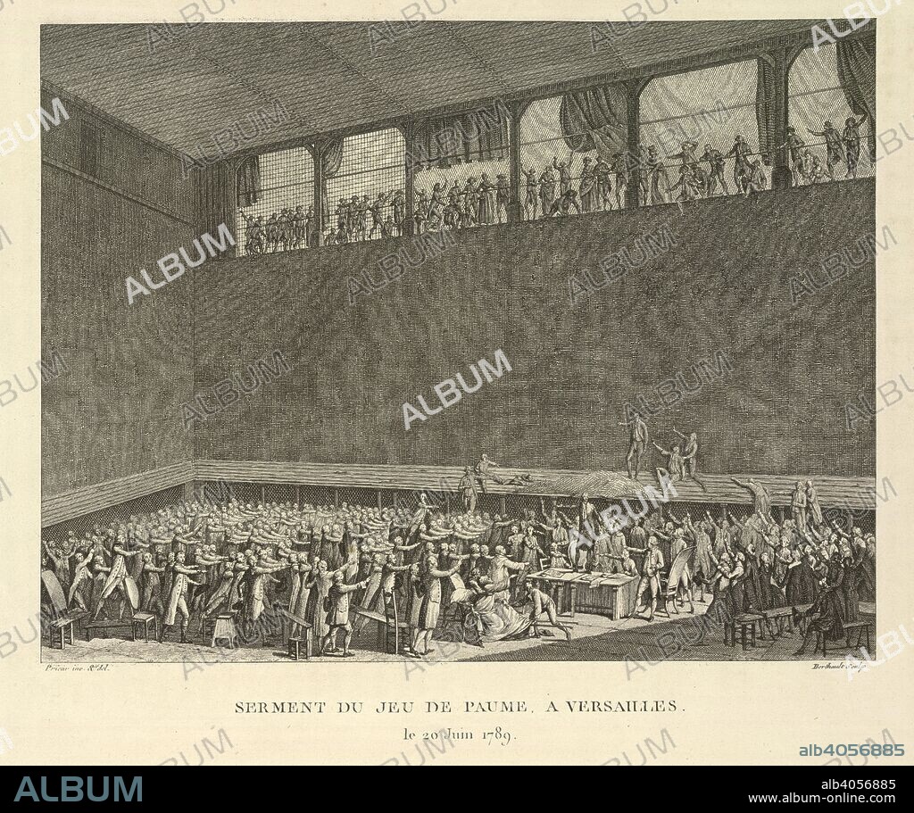 BERTHAULT. Scene from the French Revolution. [Five plates representing scenes of the French Rev. Paris, 1804?. Serment du Jeu de Paume a Versailles, le 20 Juin 1789'. A gathering of people being addressed. The suspension of Parliament.  Image taken from [Five plates representing scenes of the French Revolution of 1789, with descriptive letter-press in English.].  Originally published/produced in Paris, 1804?. . Source: 1850.c.28, opposite 4. Language: French.