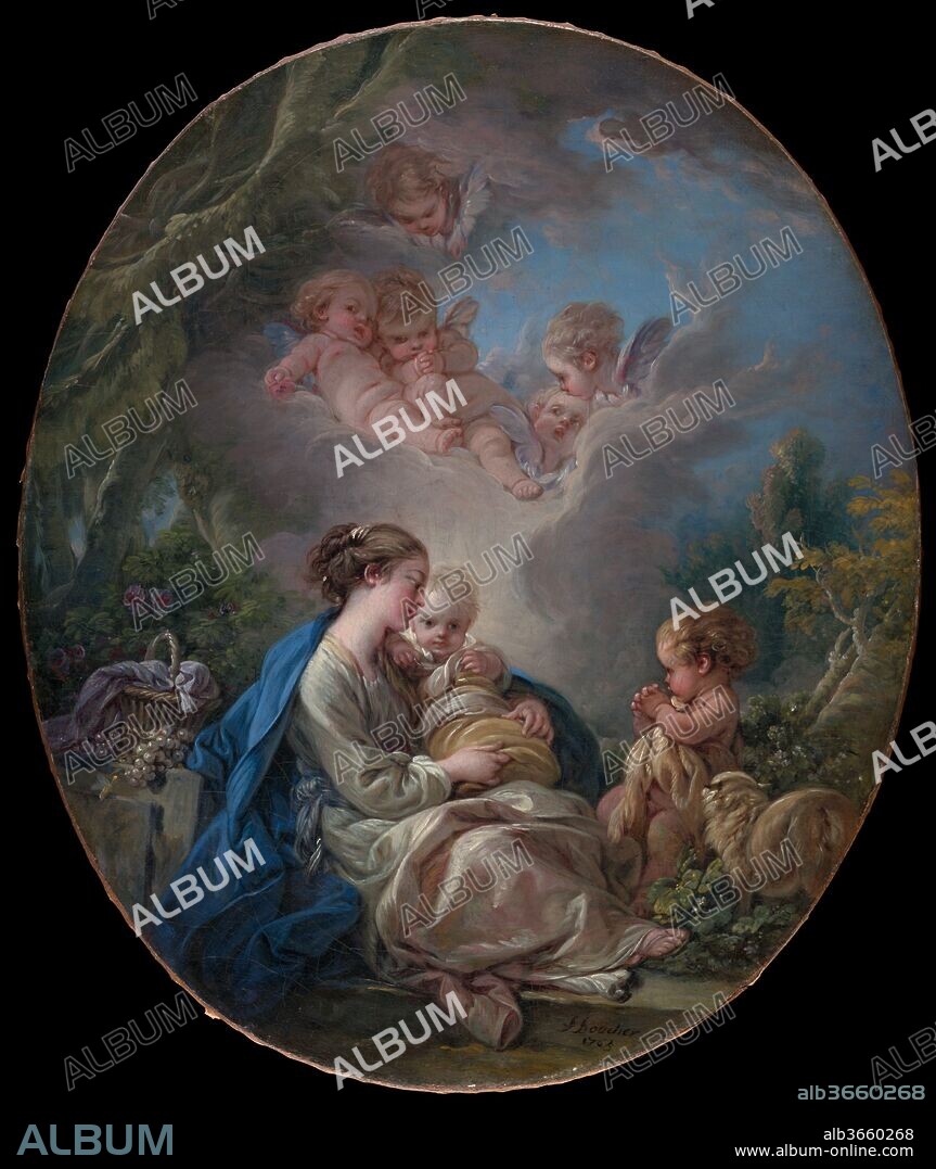 FRANCOIS BOUCHER. Virgin and Child with the Young Saint John the Baptist and Angels. Artist: François Boucher (French, Paris 1703-1770 Paris). Dimensions: Oval, 16 1/8 x 13 5/8 in. (41 x 34.6 cm). Date: 1765.
Boucher was named director of the French Royal Academy in 1765, the year in which he painted the Virgin and Child. In this sprightly and accomplished picture, which is not overtly religious, he draws attention to the solemn innocence of infancy. Saint John the Baptist is shown as a very young child, his hands clasped in prayer, wearing a sheepskin and accompanied by a lamb.