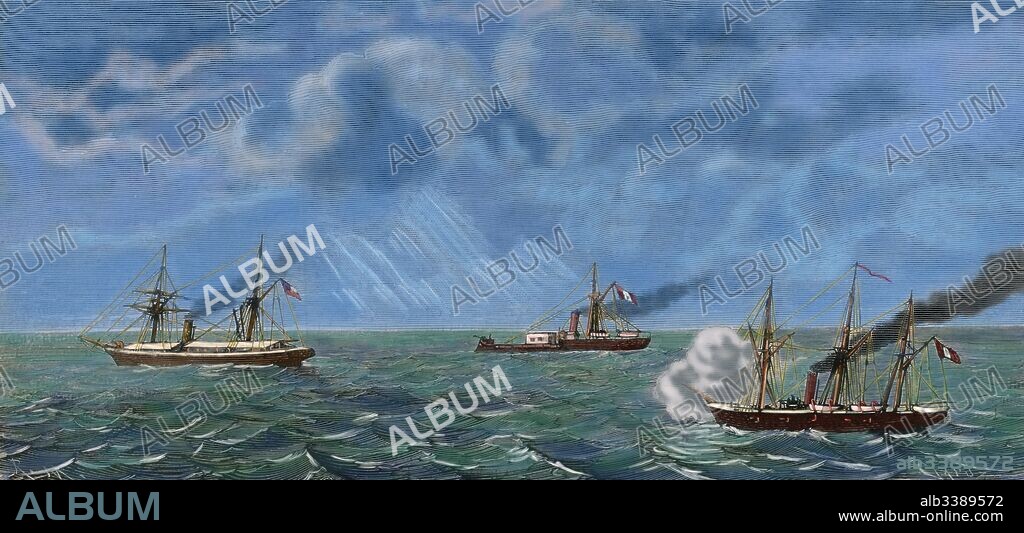 War of the Pacific (1879-1883). Western South America with Bolivia and Peru in front of Chile as a belligerants. Capture of the Chilean transporter Rimac by the Peruvian ironclad Huascar and the corvette Union before Antofagasta (Chile) on 23th july, 1879. Engraving by Capuz. La Ilustracio_n Espan_ola y Americana, 1879. Colored.