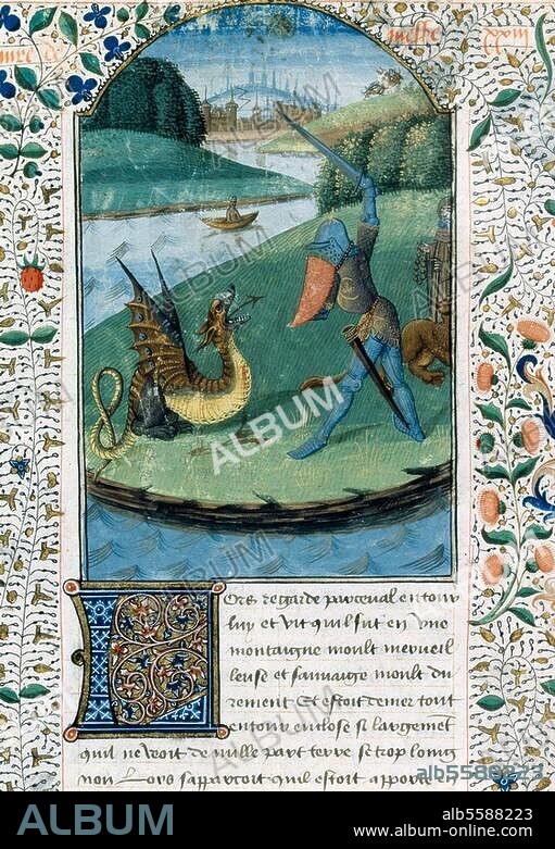 ANONYME. Littérature :. Légendes / Lancelot. Lancelot combattant le dragon. Enluminure française, 1470. Du "Livre de Messire Lancelot du lac" de Gautier de Moap. Ms. français 112, fol. 23, Paris, Bibliothèque Nationale.