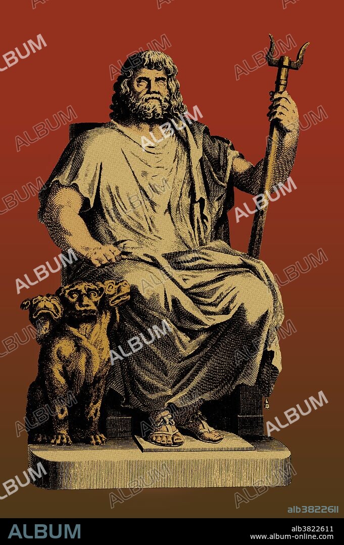Pluto was the ruler of the underworld in classical mythology. The earlier name for the god was Hades, which became more common as the name of the underworld as a place. In ancient Greek religion and myth, Pluto represents a more positive concept of the god who presides over the afterlife. Pluto and Hades differ in character, but they are not distinct figures and share their two major myths. In Greek cosmogony, the god received the rule of the underworld in a three way division of sovereignty over the world, with his brothers Zeus ruling Heaven and Poseidon the Sea. Pluto (genitive Plutonis) is the Latinized form of the Greek Plouton. Pluto's Roman equivalent is Dis Pater. Under the name Pluto, the god appears in other myths in a secondary role, mostly as the possessor of a quest-object, and especially in the descent of Orpheus or other heroes to the underworld. Cerberus in Greek and Roman mythology, is a multi-headed (usually three-headed) dog, or hellhound with a serpent's tail, a mane of snakes, and a lion's claws. He guards the entrance of the underworld to prevent the dead from escaping and the living from entering.