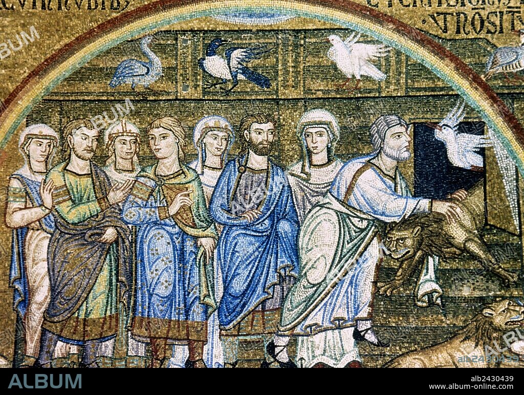ARTE BIZANTINO. ITALIA. "SALIDA DE LOS ANIMALES Y FAMILIARES DEL ARCA DE NOE". Mosaico del atrio de la Basílica de San Marcos, datado entre los siglos XII-XIV. Venecia. Italia.