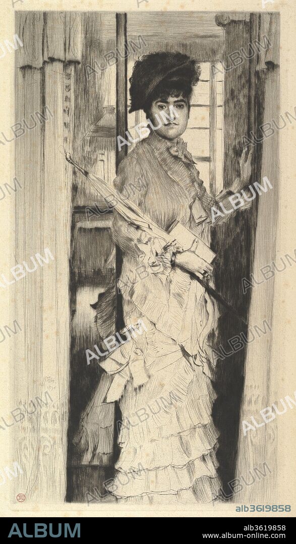 Portrait of Miss L...,or A Door Must Be Either Open or Closed. Artist: James Tissot (French, Nantes 1836-1902 Chenecey-Buillon). Dimensions: Plate: 15 1/4 x 8 1/2 in. (38.8 x 21.6 cm)
Sheet: 19 3/16 x 13 3/16 in. (48.8 x 33.5 cm). Date: 1876.