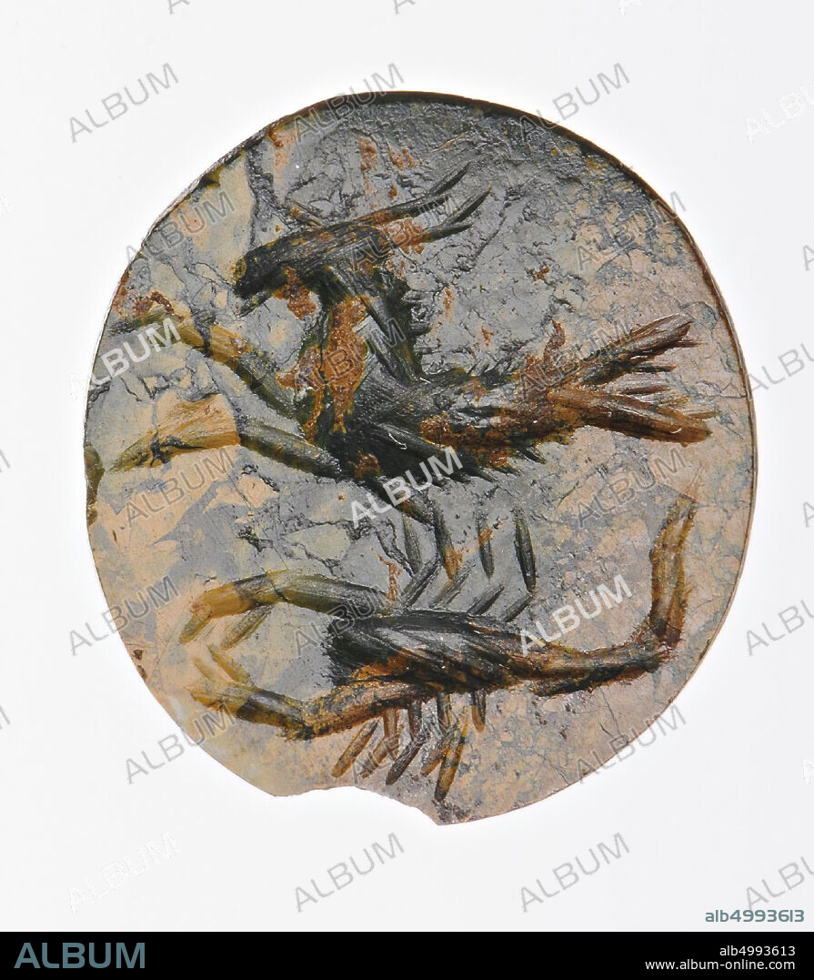 Vz: capricorn (hippocampus?) And scorpion., Gem, intaglio, ringstone, jasper, Color: yellow with green speckles, Shape: oval, Processing: edge cut back at the back compared to the front, modeling with thick rounded wheel grooves., 11 x 10 mm, D. 2 mm, 2nd - 3rd century AD. 100-300 AD.