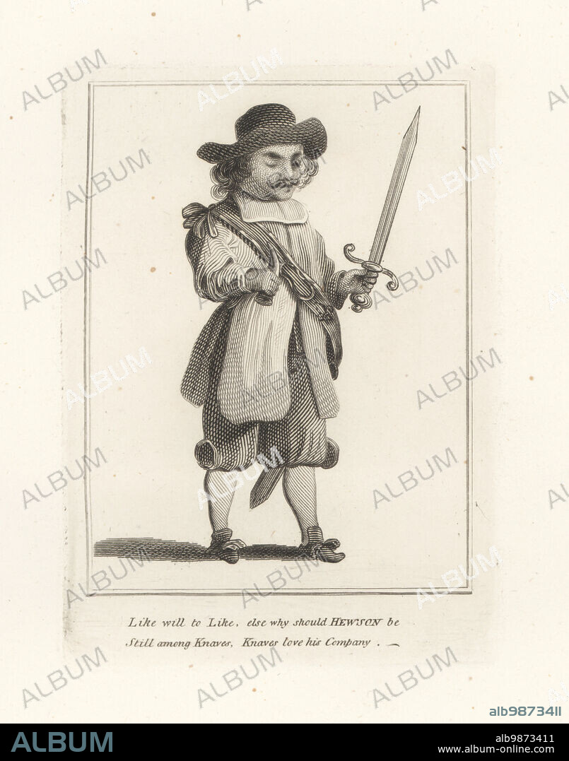 John Hewson, one-eyed Colonel for the Parliament, regicide, died 1662. Fought in the English Civil War, led a New Model Army regiment in Oliver Cromwell's invasion of Ireland. In hat, plain collar, tunic, breeches, buckle shoes, with sword, sash and powder horn. Copperplate engraving from Samuel Woodburns Gallery of Rare Portraits Consisting of Original Plates, George Jones, 102 St Martins Lane, London, 1816.