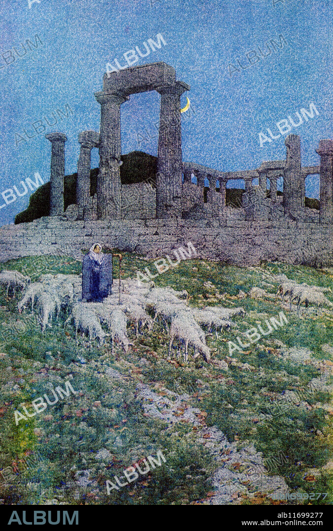 The Temple of Athena Aphaia in Aegina - by Jules Giuerin The Temple of Aphaia was dedicated to goddess Athena and is located on the island of Aegina, on top of a hill. One of the ancient architectural wonders of ancient Greece, it was built in 480 BC and 25 of the original 32 Doric columns still stand due to the skill of the restorers. It is situated in a Sanctuary complex in Aegina. Jules Guérin 1866 -1946) was an American muralist, architectural delineator, and illustrator. A painter and widely published magazine illustrator, he gained prominence for his architectural work such as in the 1906, Plan for Chicago, and for the large murals he painted in many well-known public structures such as the Lincoln Memorial.