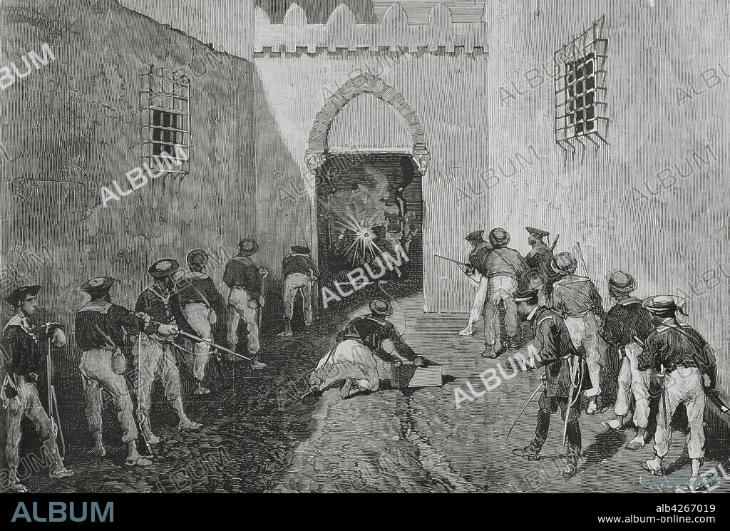 Túnez. Tras la conquista de Túnez por Francia y la constitución del Protectorado Francés en 1881, se vivieron posteriormente algunas revueltas en las regiones de Kairuán y Sfax. Control de la insurrección tunecina (Sfax). Asalto y voladura de la puerta de la"kasbah", por la armada francesa del acorazado"Surveillante". Grabado por Tomás Carlos Capuz (1834-1899). La Ilustración Española y Americana,15 de agosto de 1881.