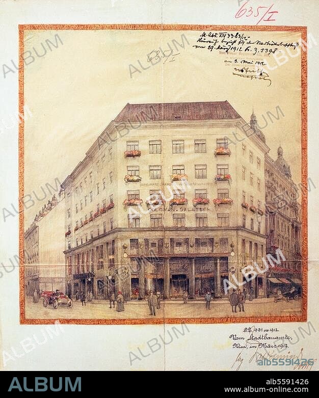 Vienna, Austria, Looshaus, Michaelerplatz 3. (built 1910-12 for the Company Goldmann and Salatsch; arch.: Adolf Loos; today a bank). Exterior view. Print, colour, c. 1912. MA 37, Building Inspection Dept, Vienna.