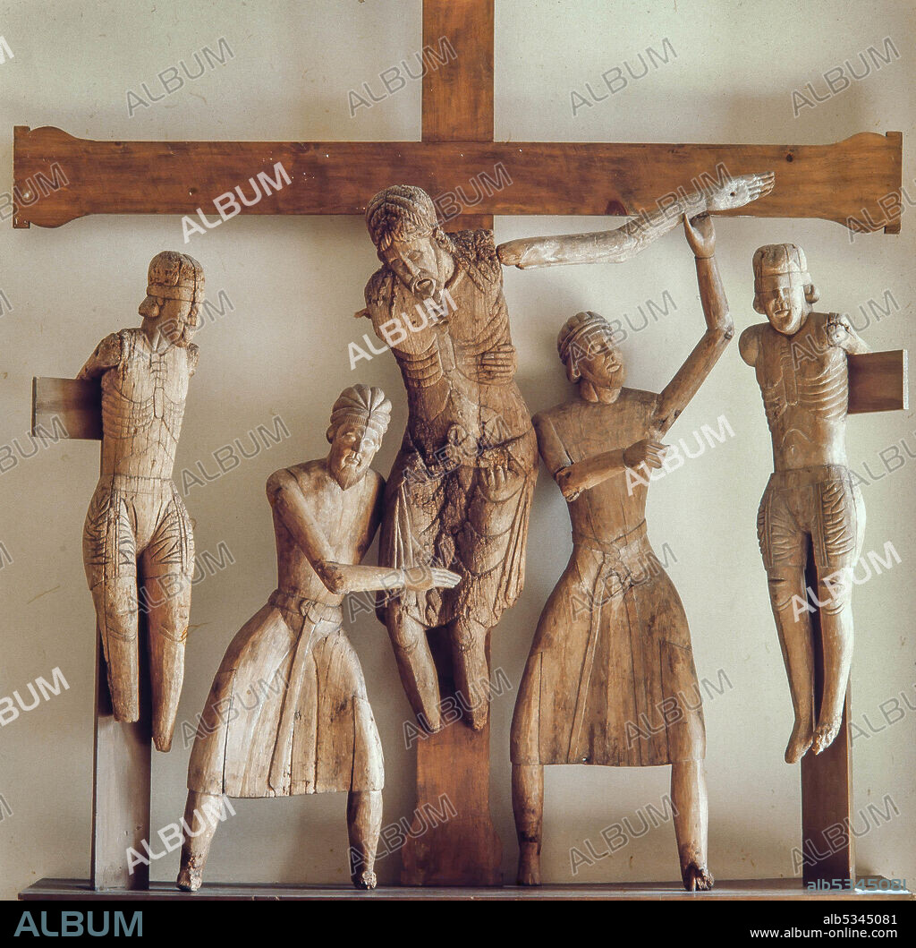 'Descendimiento de Erill la Vall', conjunto escultórico de siete figuras de madera, siglo XII, procedente de la iglesia de Erill-la-Vall, Museu Episcopal de Vic, fotografía del año 1980.