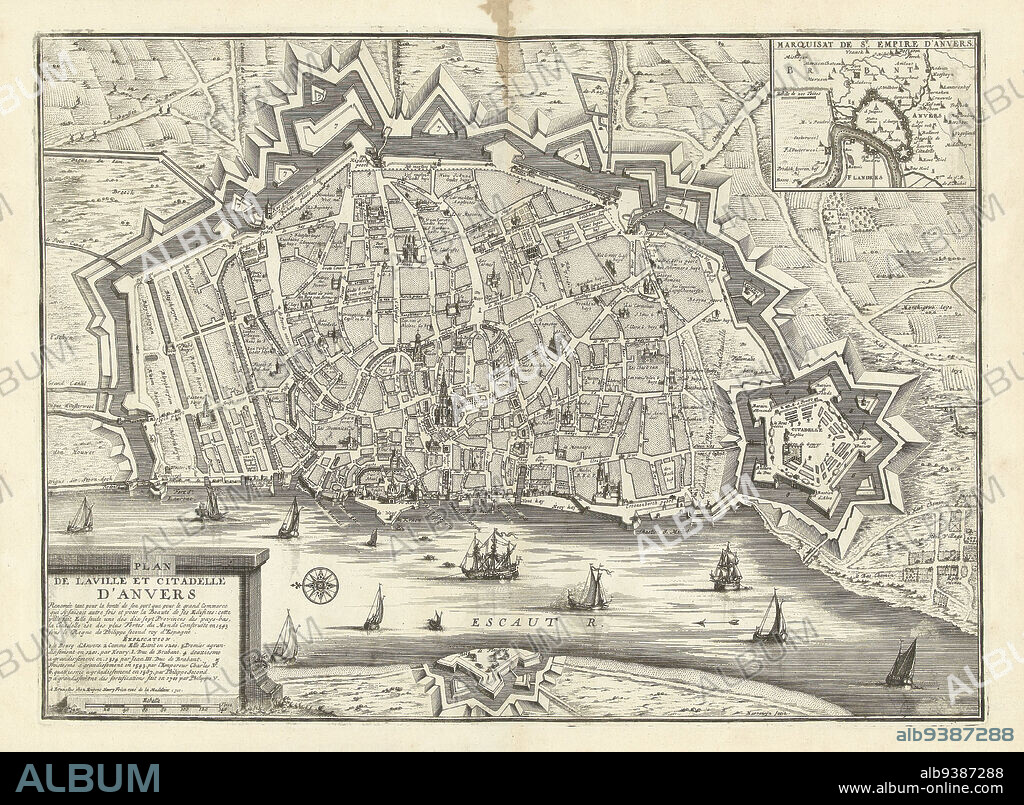 Map of Antwerp, 1711, Plan de la ville et citadelle d'Anvers (title on object), Map of Antwerp, 1711. Top right an inset with a map of the larger area. Part of a bundled collection of plans of battles and cities famous in the War of the Spanish Succession., print maker: Jacobus Harrewijn (mentioned on object), publisher: Eugene Henry Fricx (mentioned on object), Brussels, 1711, paper, etching, height 395 mm × width 535 mm.