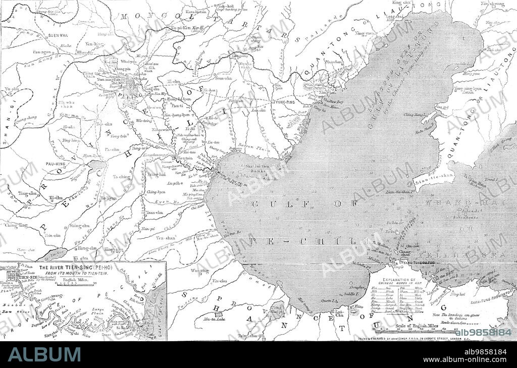JOHN DOWER. Map of North-east China, showing the Gulf of Pechili, the Tien-Tsin (Peiho) River, and the approaches to Pekin, 1860. 'By the latest intelligence from China we learn that the French and English expeditionary force is on the move northwards...The French force is reported to be about to rendezvous at Che-foo, on the coast of Shan-tung and in the Gulf of Pechili; and there will be also a station for British stores and troops on the opposite side of the Gulf. It is whispered that Sir Hope Grant may perhaps occupy Tien-Tsin before he attempts to take the Taku forts...the defences of [which] are very substantial...trenches or rifle-pits are to be used by the Chinese...the accompanying Map [shows] that portion of China where there is every likelihood of a death-struggle taking place. Chili, or Pechili, is the most northern province of China, having on its north Mongolia, on its east the Gulf of Pechili, and on the other sides the provinces Shan-tung, Shan-se, and Ho-nan...its population has been estimated at about thirty millions...it owes its importance to containing the capital, Pekin, and the great depots of rice and salt for the internal supply of the empire, and of the cattle sent into China from Mongolia'. From "Illustrated London News", 1860.