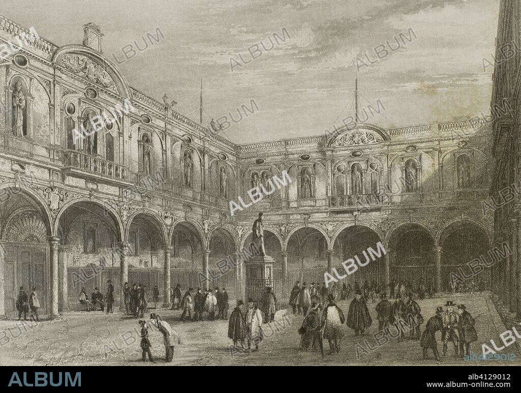 Reino Unido. Inglaterra. Londres. Royal Exchange (Bolsa de Comercio). Destruida por el incendio del 10 de enero de 1838. Patio del antiguo edificio. Comerciantes negociando. Grabado por John Woods (fl.1835-1855) a partir de un estudio del arquitecto Robert Garland. "London and its Environs", h. 1840 (Londres y sus Alrededores). Biblioteca Histórico Militar de Barcelona, Cataluña, España.