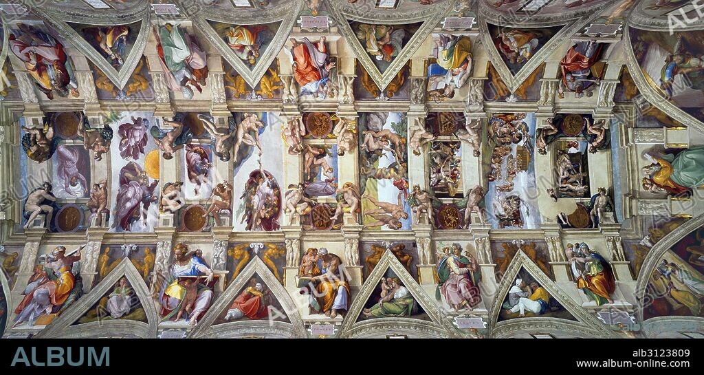 View of the Sistine Chapel celling painted by Michelangelo di Lodovico Buonarroti Simoni (1475-1564)  an Italian sculptor, painter, architect, poet, and engineer of the High Renaissance who exerted an unparalleled influence on the development of Western art. Dated 16th Century.