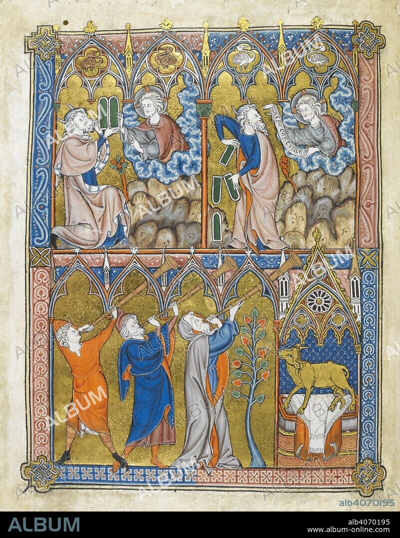 FRIAR LAURENT. Moses and the commandments.   Above left; Moses receives the commandments from God. Above right, he breaks the tablets, before God who holds a scroll. Below left; three men blowing trumpets. Below right; the golden calf under an elaborate architectural canopy  . La Somme Le Roy. France [Paris or Maubuisson?]; between 1290 and 1300. Source: Add. 28162, f.2v. Language: Latin with French.