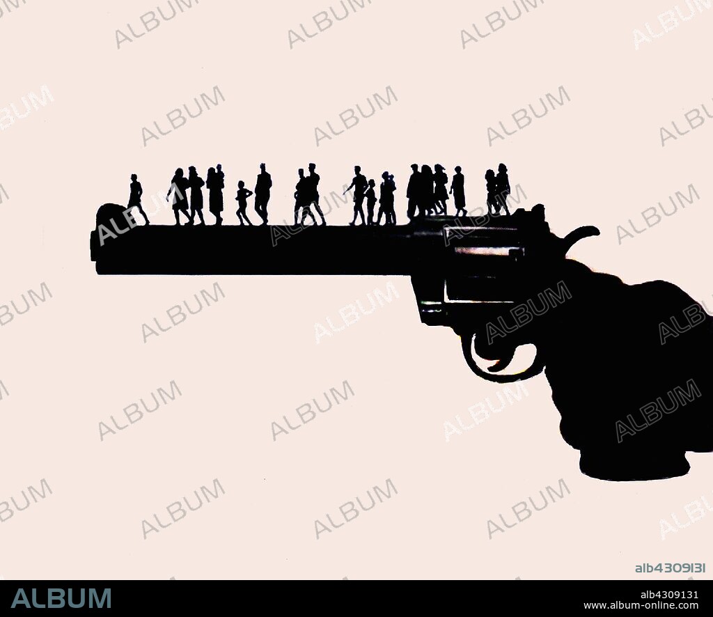 Large hand holding gun with people walking along barrel.