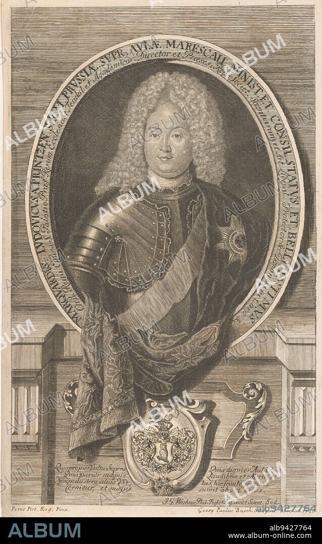 Portrait of Marquard Ludwig von Printzen, Georg Paul Busch, after Antoine Pesne, 1720, print maker: Georg Paul Busch, (mentioned on object), after: Antoine Pesne, (mentioned on object), Johann Georg Wachter, (mentioned on object), Berlin, 1720, paper, engraving, h 327 mm × w 202 mm.