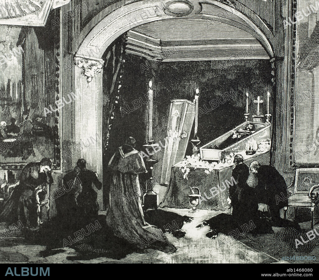 LA CAPILLA ARDIENTE DE LA CAMARA MORTUORIA. Grabado del s. XIX.