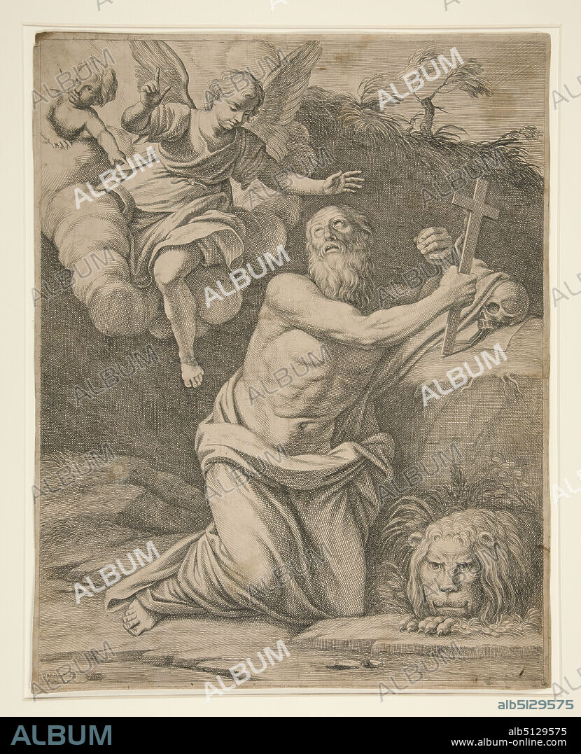Engraver: Pietro del Po, Italian, 16101692, After: Domenichino (Domenico Zampieri), Italian, 15811641, Saint Jerome in the Desert, Engraving, image: 43.1 × 33.4 cm (16 15/16 × 13 1/8 in.), Made in Italy, Italian, 17th century, Works on Paper - Prints.