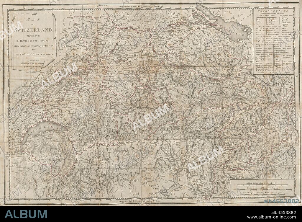 Map of Switzerland marked with the routes of four tours made in the years 1776, 1779, 1785 and 1786 by the Reverend W. Coxe, Map of Switzerland with marked routes by William Coxe from 1779, 1785 and 1786, pl. 1, integrated into S. XII, Coxe, William, 1791, William Coxe, William Melmoth, Travels in Switzerland, and in the country of Grisons (...), [Vol 1]. London: [s.n.], 1791.