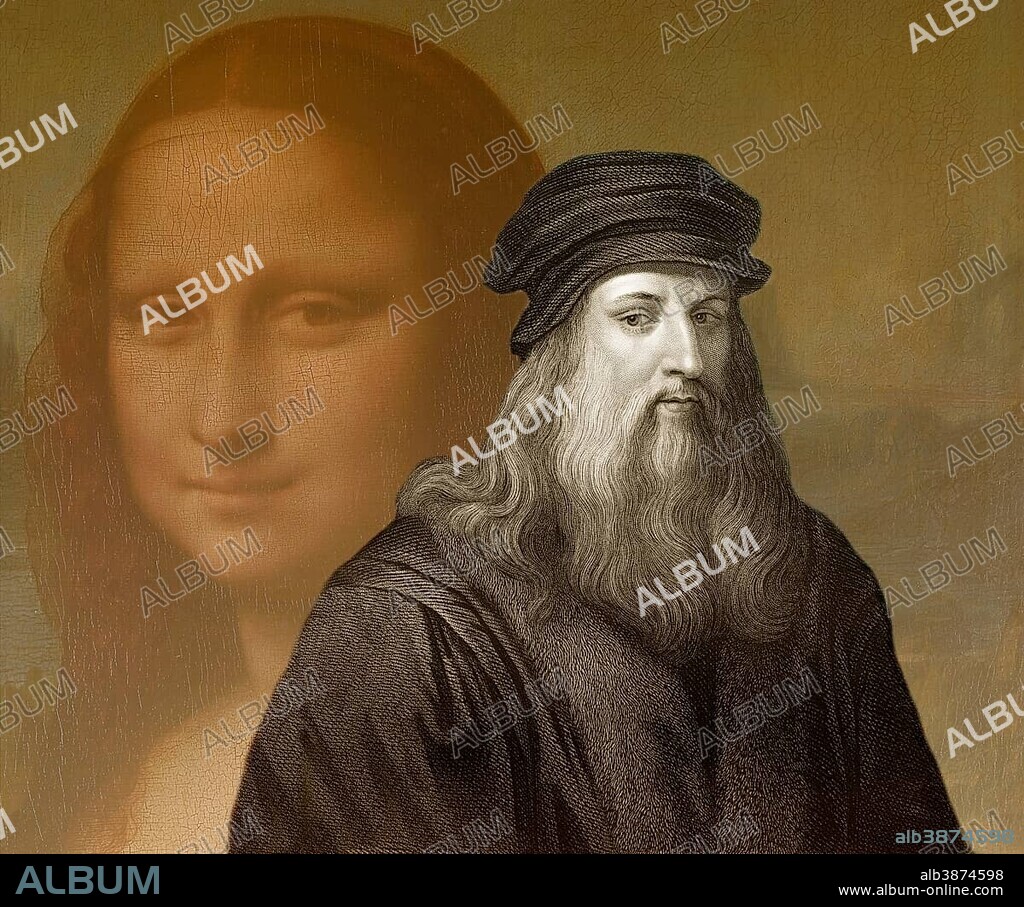 Painting Mona Lisa, in front Leonardo da Vinci, Italian painter, sculptor, architect, engineer, historical illustration
