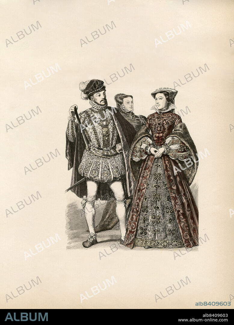 Lord Darnley, husband of Queen Mary of Scotland (1566), Marchioness of Dorset - Noblewoman, Queen Mary of Scotland (1566), Illustration, The History of Costume, Braun & Schneider, Munich, Germany, 1861-1880.
