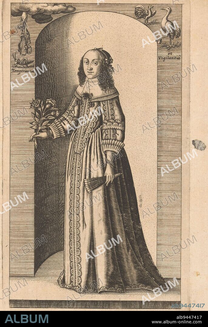 Portrait of Clara Augusta von Braunschweig-Wolfenbüttel, Conrad Buno, 1650, Above the motto 'Temperantia et Vigilantia' with reins held from the air above a grasshopper on the left and a cock and crane on the right., print maker: Conrad Buno, (mentioned on object), Martin Gosky, (mentioned on object), Conrad Buno, (mentioned on object), Wolfenbüttel, 1650, paper, engraving, h 245 mm × w 145 mm × h 35 mm × w 145 mm.