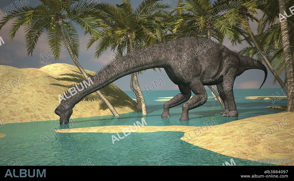 Large Brachiosaurus drinking water from a stream.