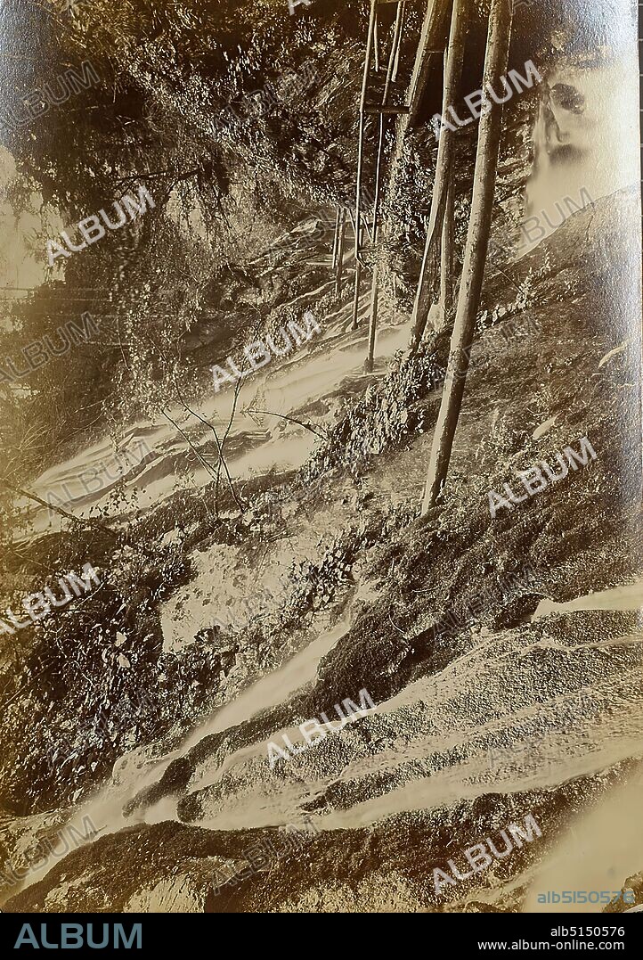 Würthle & Sohn Salzburg, Berchtesgaden Wimbachklamm, albumin paper, black and white positive process, total: height: 24.40 cm; width: 19.00 cm, title in lead, travel photography, landscape photography, rock formations, waterfall, canyon, crevice, abyss, canyon.