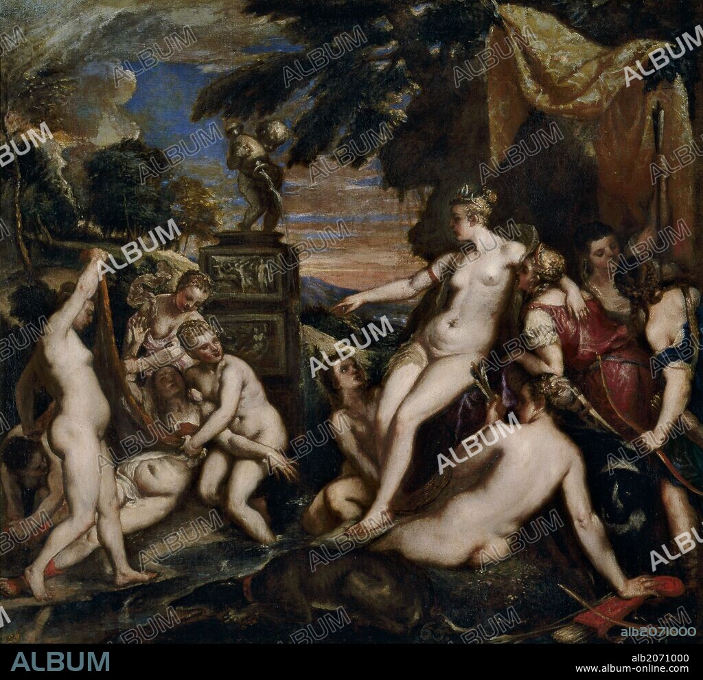 JUAN BAUTISTA MARTÍNEZ DEL MAZO. Juan Bautista Martínez del Mazo (Copia de Tiziano, Vecellio di Gregorio) / 'Diana descubre la falta de Calisto', Segundo tercio del siglo XVII, Escuela Española, Óleo sobre Lienzo, 98 cm x 107 cm, P00424.