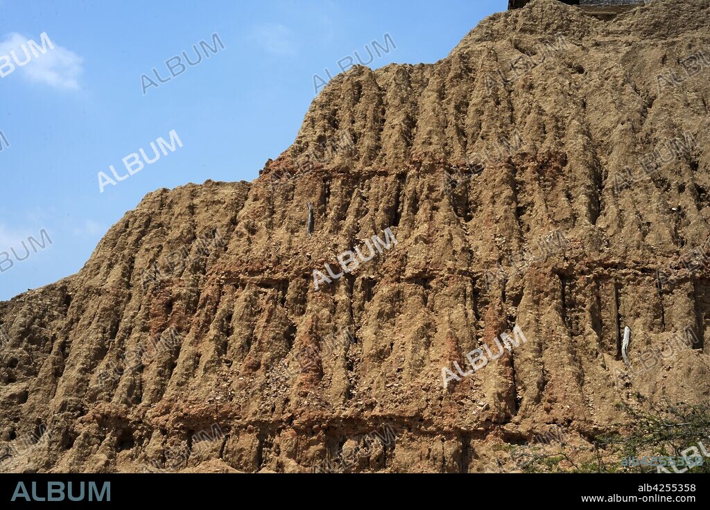 Valle de las Piramides (Valley of the Pyramids), Tucume. Archeological site located 35km north of Chiclayo, Lambayeque, Peru. Formed by the remains of multiple pyramids or Huacas, on Cerro de la Raya. Sican-La,mbayeque Culture Ceremonial and Administrative Center,(1000-1370 AC) later annexed to the Chimu(1370-1470) and then after the Inca(1470-1532). Prehispanoc cultures.